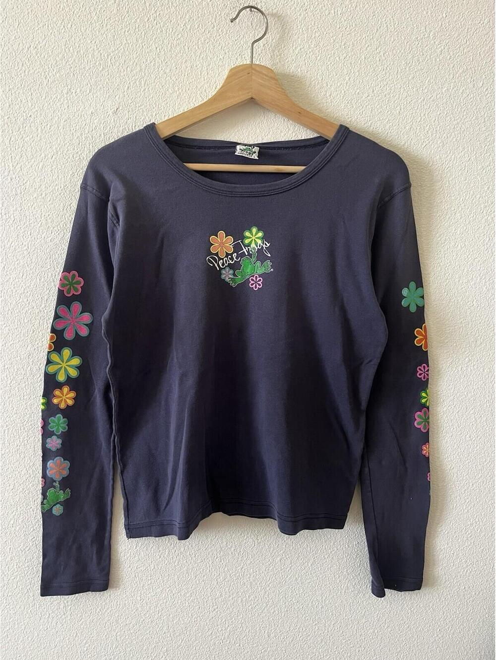 Vintage Peace Frogs Flower Sleeve Graphic Navy Tee Large